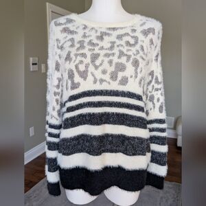 Alison Sheri Women's Sweater Leopard Print Striped Fuzzy Black Cream Size L